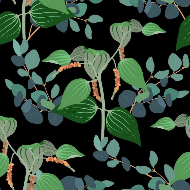 Lindas folhas tropicais em um fundo preto sem costura ilustração vetorial