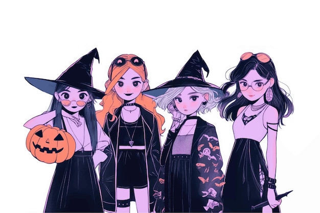 Vetor lindas garotas bruxas legais em fantasia de halloween