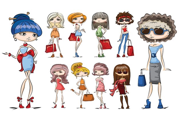 Lindas garotas de verão de desenho animado desenhadas à mão com ilustração vetorial de bolsas