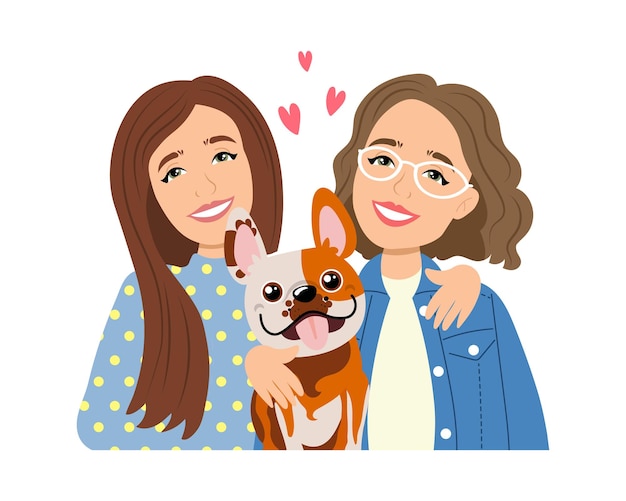 Vetor lindas garotas felizes com cachorro engraçado. o conceito de amor e cuidado para animais de estimação. ilustração, vetor