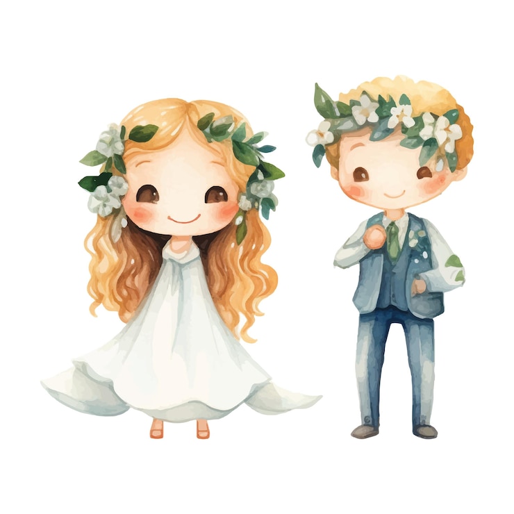 Vetor lindas ilustrações de casamento infantil desenhadas em aquarela sobre fundo branco