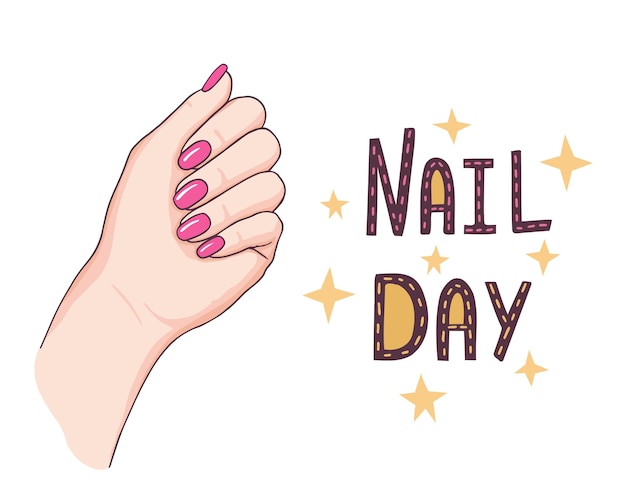 Lindas mãos com unhas vermelhas dia das unhas vetor de manicure ilustração desenhada à mão de moda