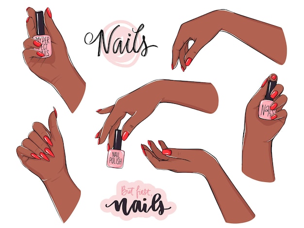 manicure, mãos de mulher pintando com desenhos animados de esmalte vermelho  13651376 Vetor no Vecteezy