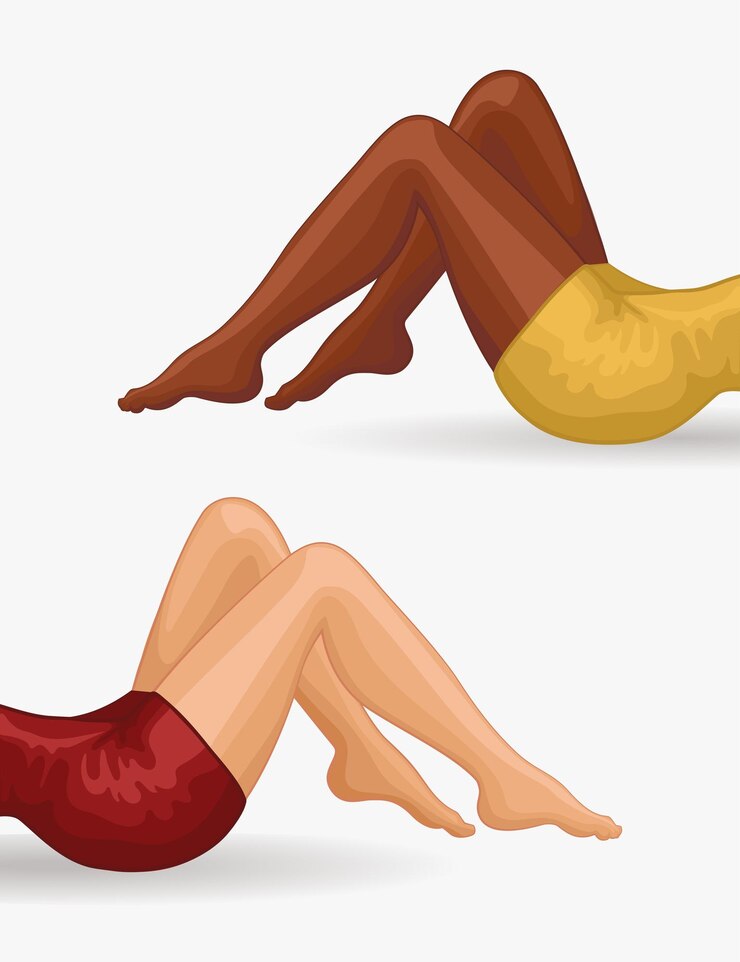 Vetor lindas pernas longas de meninas de pele clara e escura em estilo realista modelo de estúdio de beleza