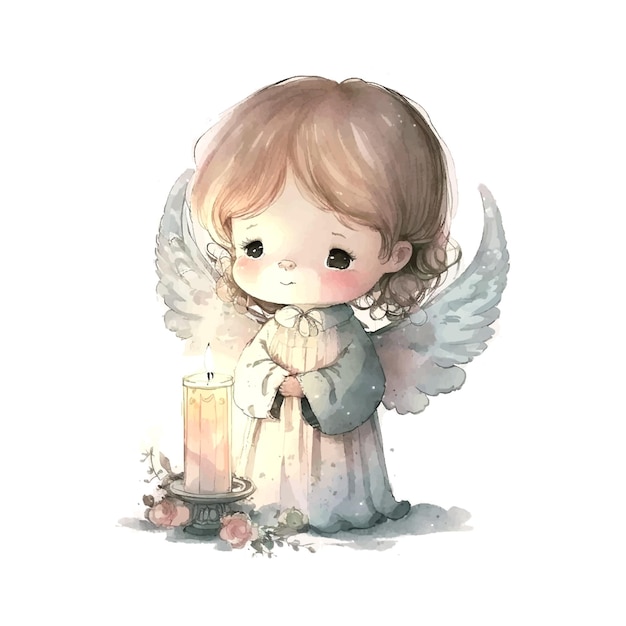 Lindo anjo da Páscoa com uma vela em suas mãos Watercolor Cartoon Christmas sobre fundo branco