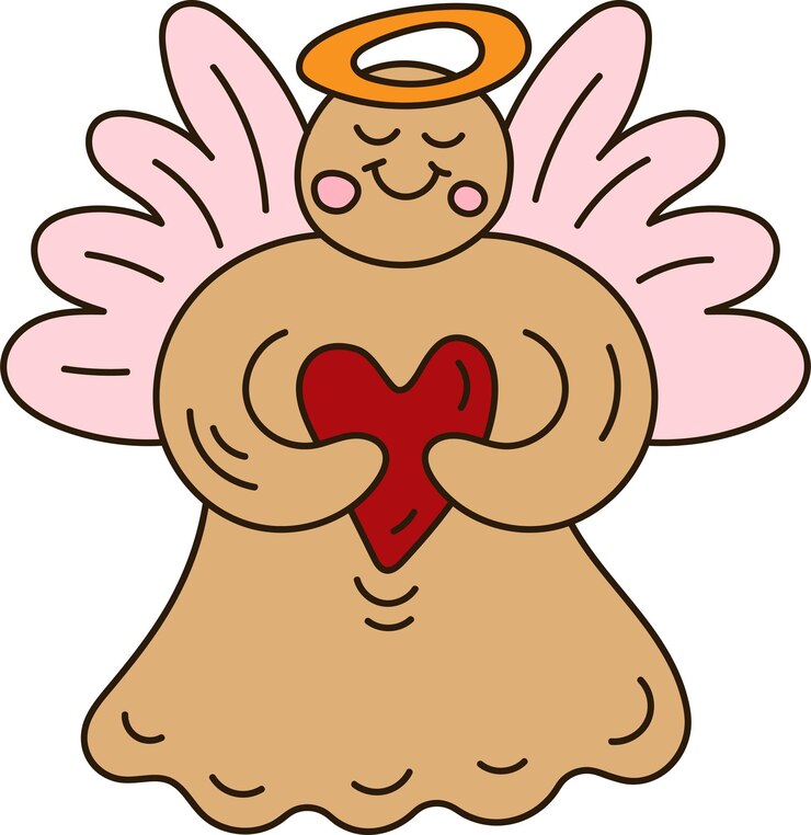 Vetor lindo anjo de gengibre com ilustração de doodle de coração para o natal