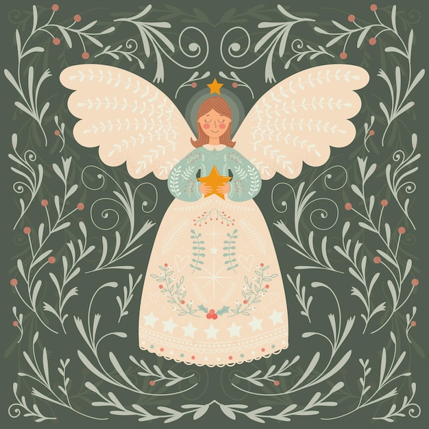 Lindo anjo de natal com estrela. cartão de natal em estilo folk.