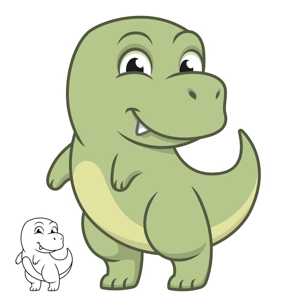 Lindo bebê feliz tiranossauro trex em pé com desenho de arte em linha preto e branco