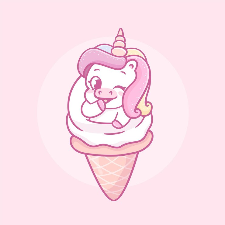 Vetor lindo bebê kawaii unicórnio e desenho de sorvete de baunilha