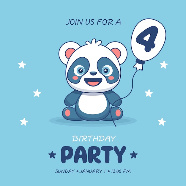 Vetor lindo bebê panda convite de aniversário para 4 anos ilustração vetorial