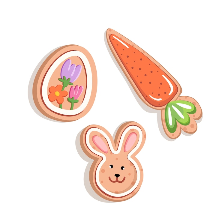 Vetor lindo biscoito de páscoa com ovo de coelho e design de gelo de cenoura
