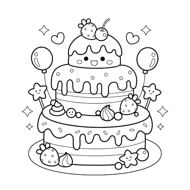 Vetor lindo bolo de aniversário kawaii para colorir e imprimir