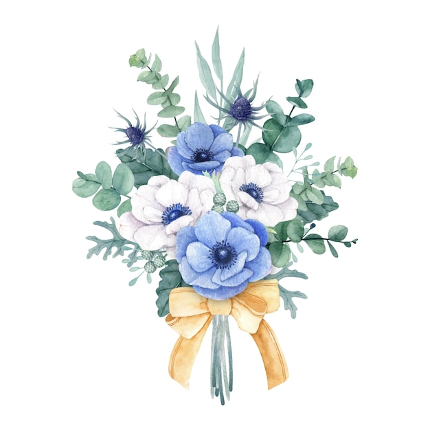 Lindo buquê de flores com flores de anêmona branca e azul