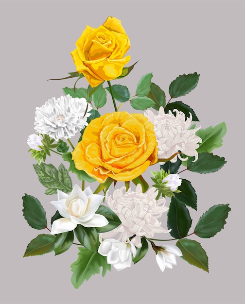 Vetor lindo buquê de flores com rosas amarelas, crisântemo e magnólia illlustration