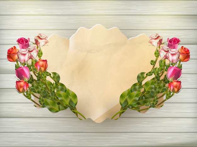 Lindo buquê de rosas multicoloridas e um cartão de papelão vintage em uma placa de madeira, close-up, plano de fundo pronto. arquivo incluído