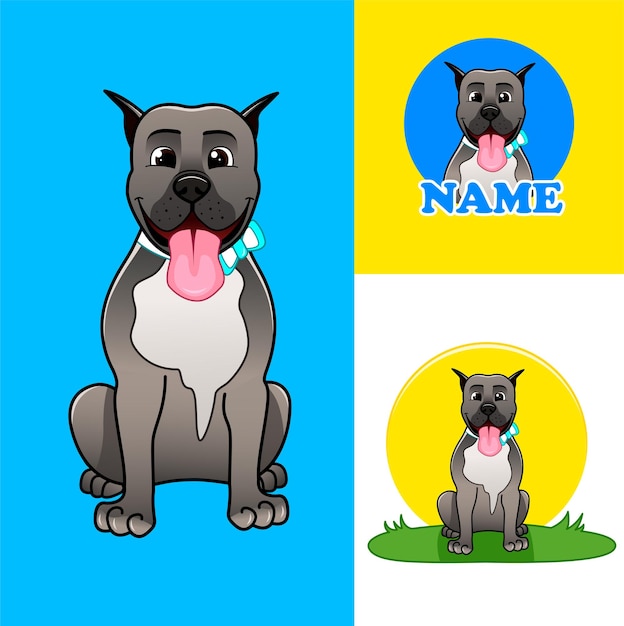 Lindo cachorro pit bull. Conjunto de três ilustrações planas em estilo cartoon