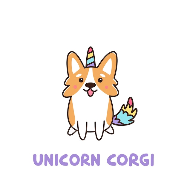 Lindo cão galês corgi unicórnio com chifre e cauda colorida