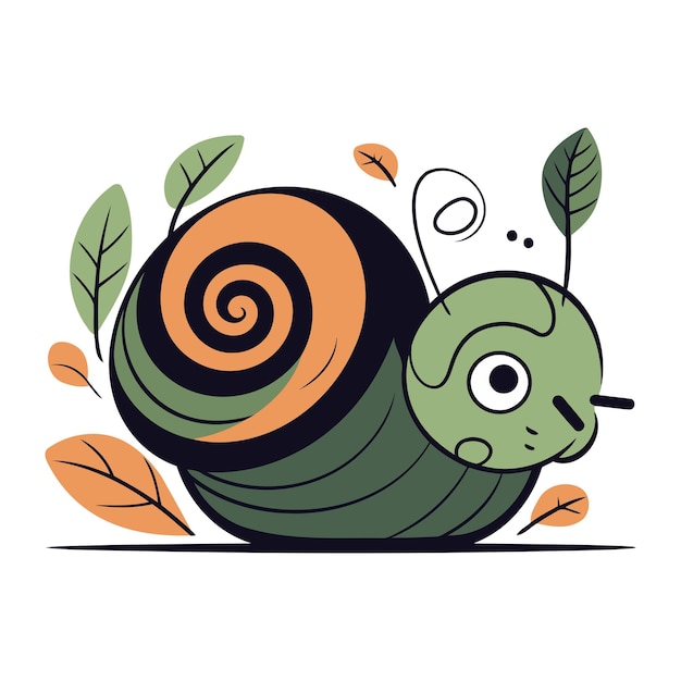 Vetor lindo caracol com folhas ilustração vetorial de um caracol de desenho animado