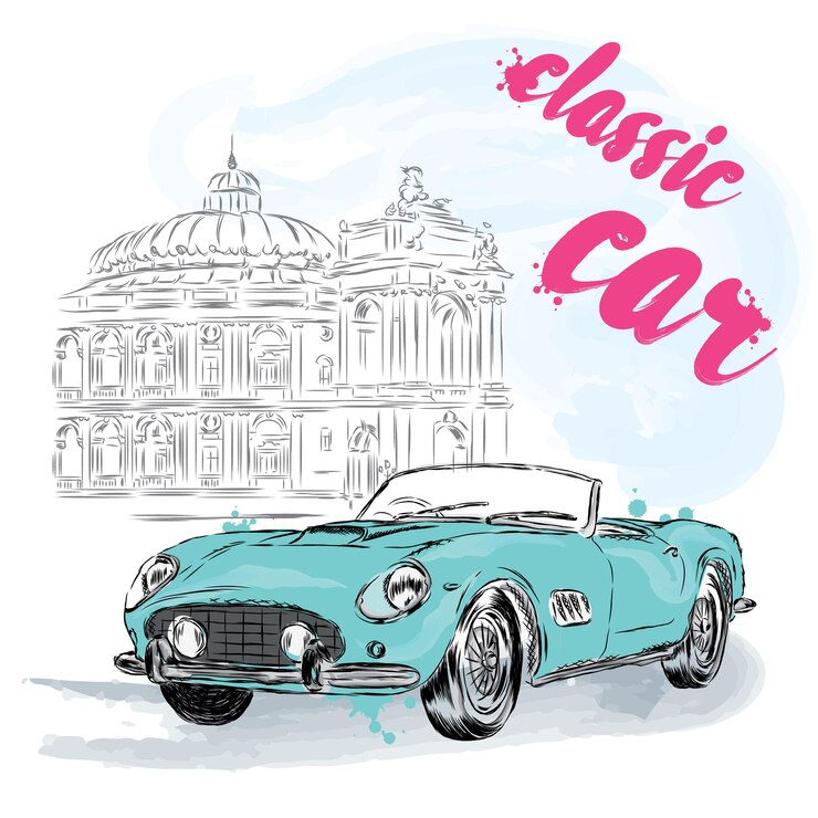 Vetor lindo carro retrô e rua da cidade
