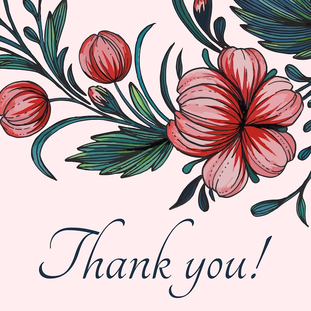 Lindo cartão de agradecimento com composição de cartão de moldura floral de flores desenhadas à mão