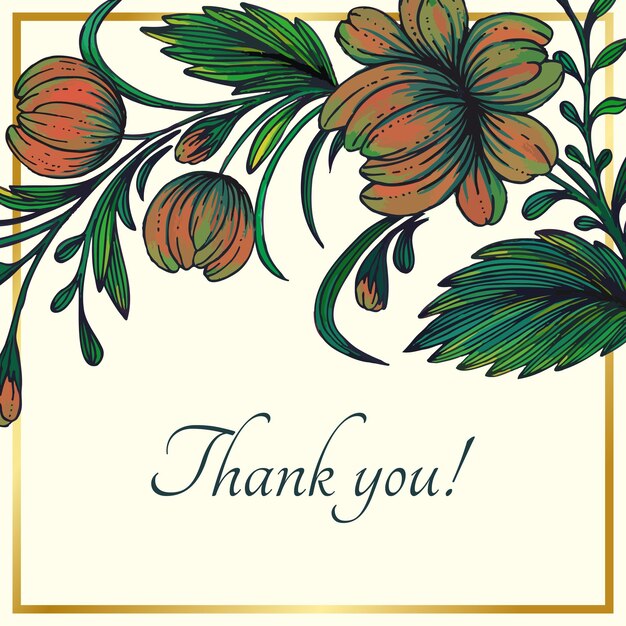 Vetor lindo cartão de agradecimento com composição de flores desenhadas à mão e moldura dourada.