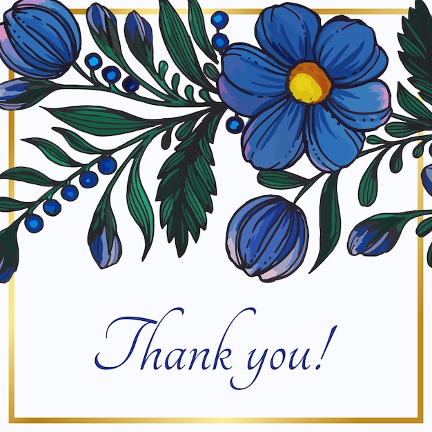 Lindo cartão de agradecimento com composição de flores desenhadas à mão e moldura dourada