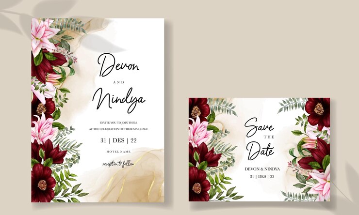 Vetor lindo cartão de convite de casamento com decoração de flores bordô
