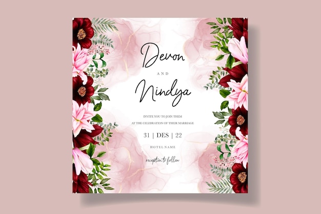 Lindo cartão de convite de casamento com decoração de flores bordô