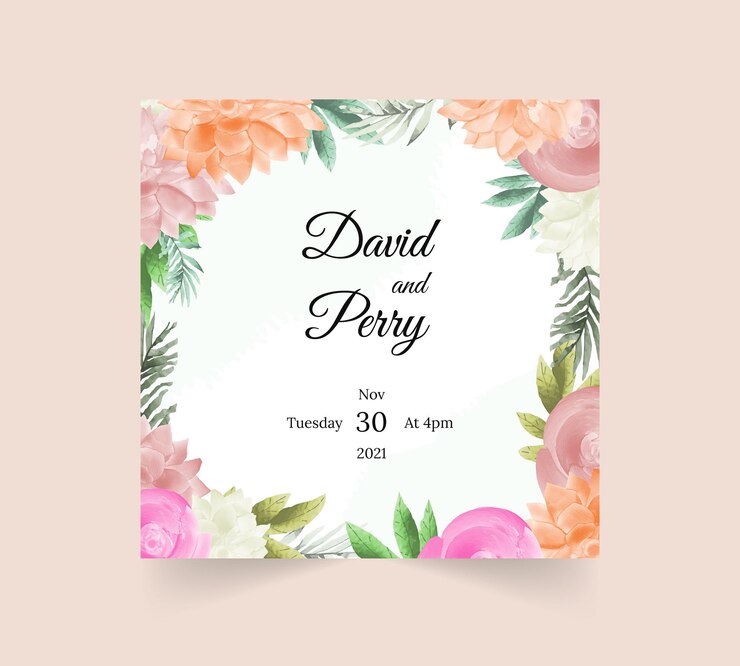 Lindo cartão de convite de casamento de flores e folhas em aquarela