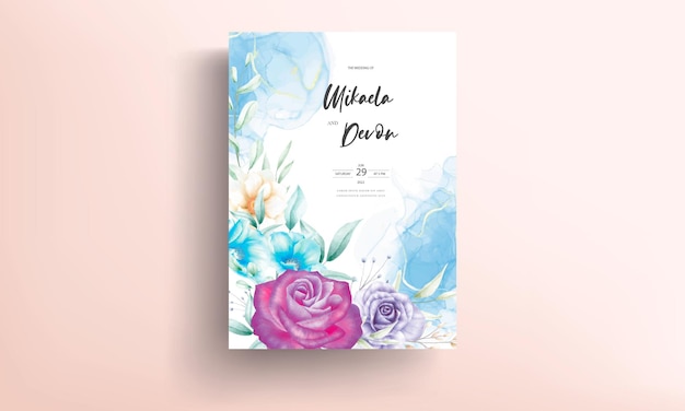 Lindo cartão de convite de casamento floral em aquarela com tinta de álcool