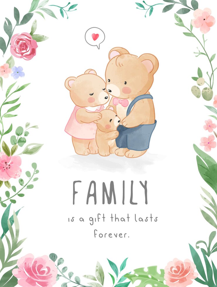 Lindo cartão de família adorável urso em ilustração de quadro de flores coloridas