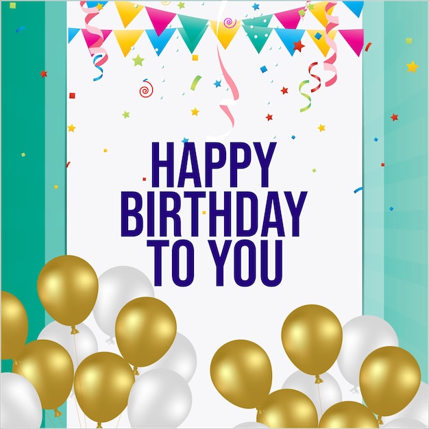 Lindo cartão de feliz aniversário com balões e moldura dourada