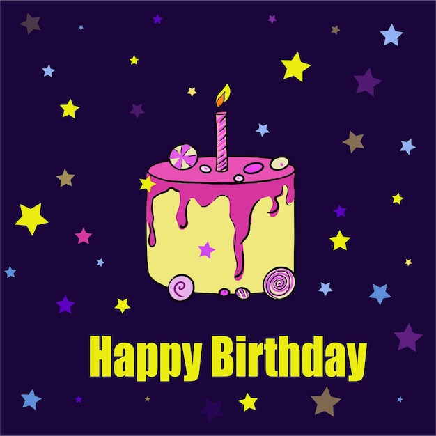 Lindo cartão de feliz aniversário com ilustração vetorial de bolo e velas