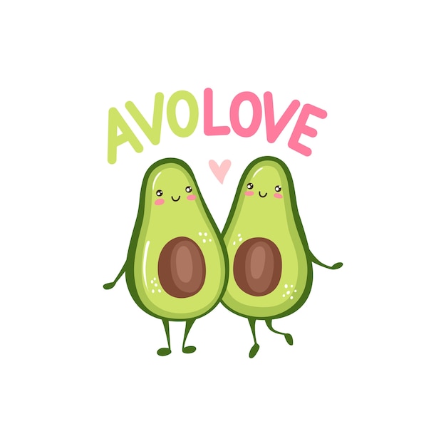 Lindo casal de abacate apaixonado. duas metades de abacate se abraçando, coração e rotulação citam avolove.
