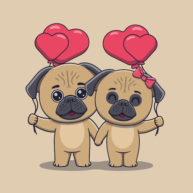 Lindo casal de cachorro pug de dia dos namorados segurando balões em forma de coração