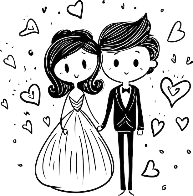 Lindo casal de desenhos animados de noivos em vestido de noiva