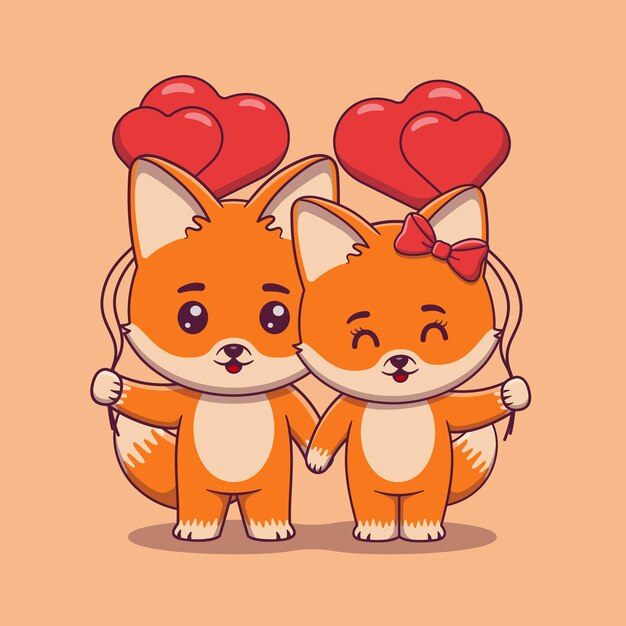 Lindo casal de raposa de dia dos namorados segurando balões em forma de coração