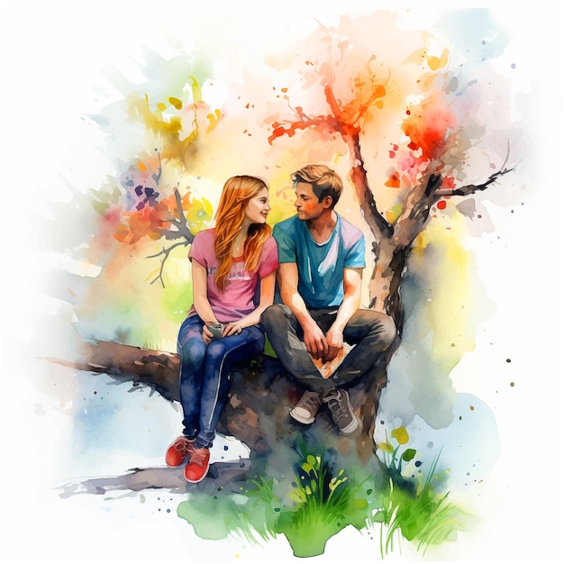 Vetor lindo casal em pé na pintura aquarela de uma árvore