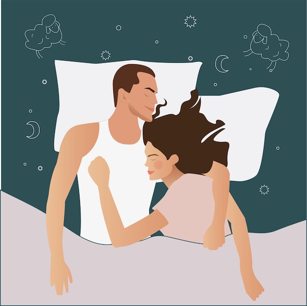 Vetor lindo casal jovem doce deitado na cama e abraçando. dorme. noite. cara de personagens.