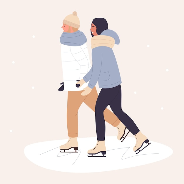 Lindo casal jovem patinando juntos no inverno