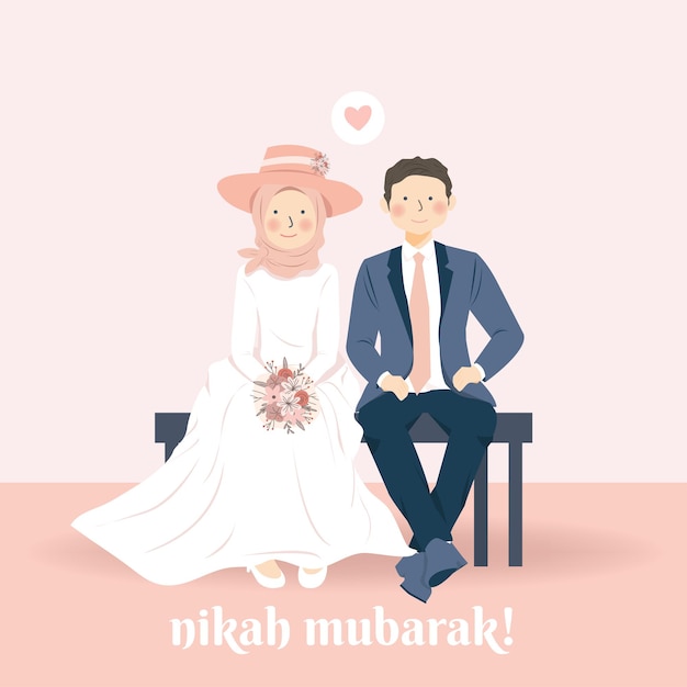 Lindo casal romântico de casamento muçulmano sentado na praia com seu traje de noiva sorrindo