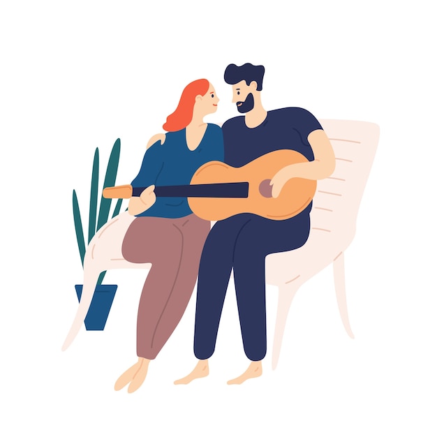 Lindo casal sentado no banco e tocando violão. par de jovem adorável e mulher abraçando e cantando músicas em um encontro romântico. menino e menina apaixonados