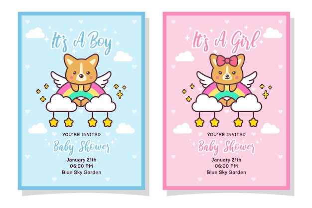Lindo chá de bebê para menino e menina convite com cachorro Corgi, nuvem, arco-íris e estrelas
