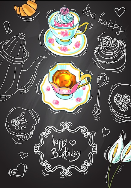 Lindo chá de ilustração desenhado à mão e doces no fundo do quadro-negro