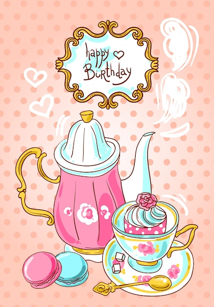 Vetor lindo chá de ilustração desenhado à mão e doces para meninas