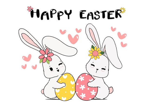 Lindo coelhinho da primavera abraçando o ovo de páscoa. feliz páscoa, desenho animado bonito desenho ilustração