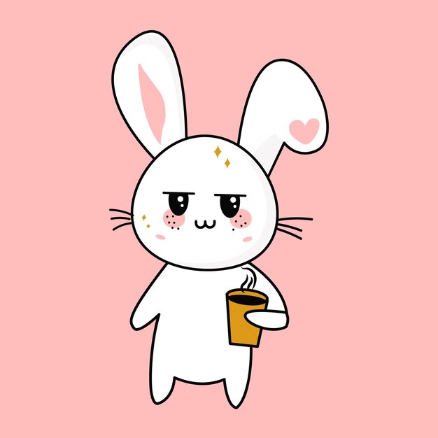 Lindo coelhinho kawaii cansado com uma xícara de café na mão ilustração plana vetorial kawaii