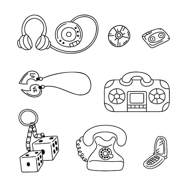 Lindo conjunto com itens retrô vintage telefones pingente cd player gravador chaveiro com dados doodle vector ilustração em preto e branco