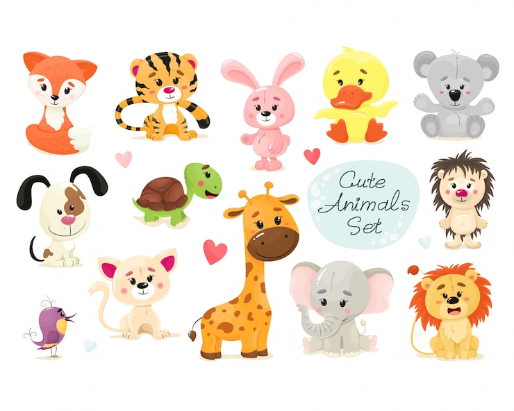 Lindo conjunto de animais. animal isola em estilo simples dos desenhos animados. Fundo branco.