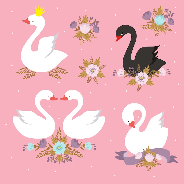 Vetor lindo conjunto de caracteres do cisne branco princesa com coroa.